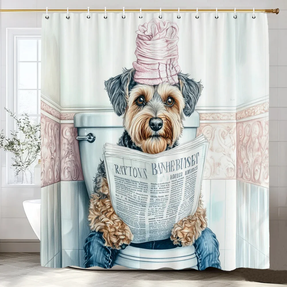Funny Dog Reading newspaper on the toilet Shower Curtain, Bathroom Decorative Shower Curtain, Printing Shower Curtain with Hooks