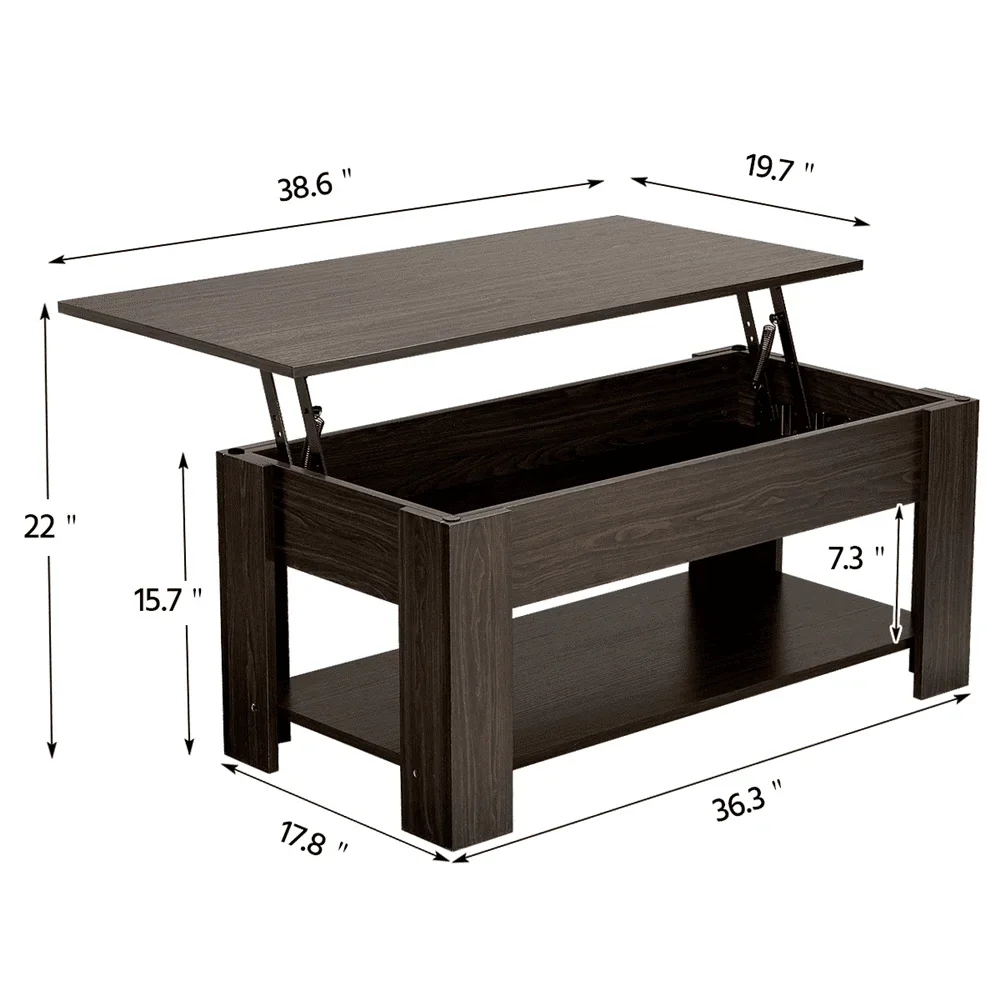 Mesa de centro moderna con tapa elevable de madera de 38,6" con estante para salón, color espresso