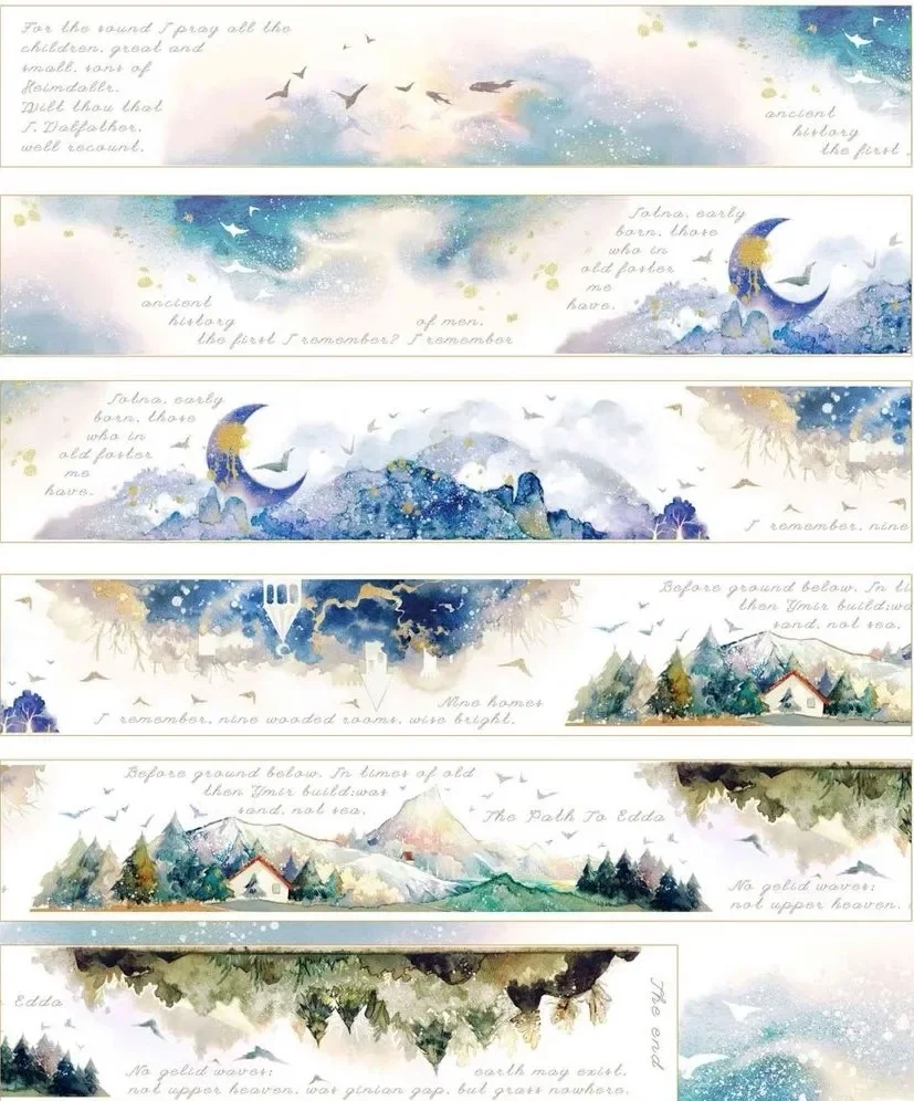 Cinta adhesiva Washi, bonita, con paisaje de montaña y Luna, 1 bucle