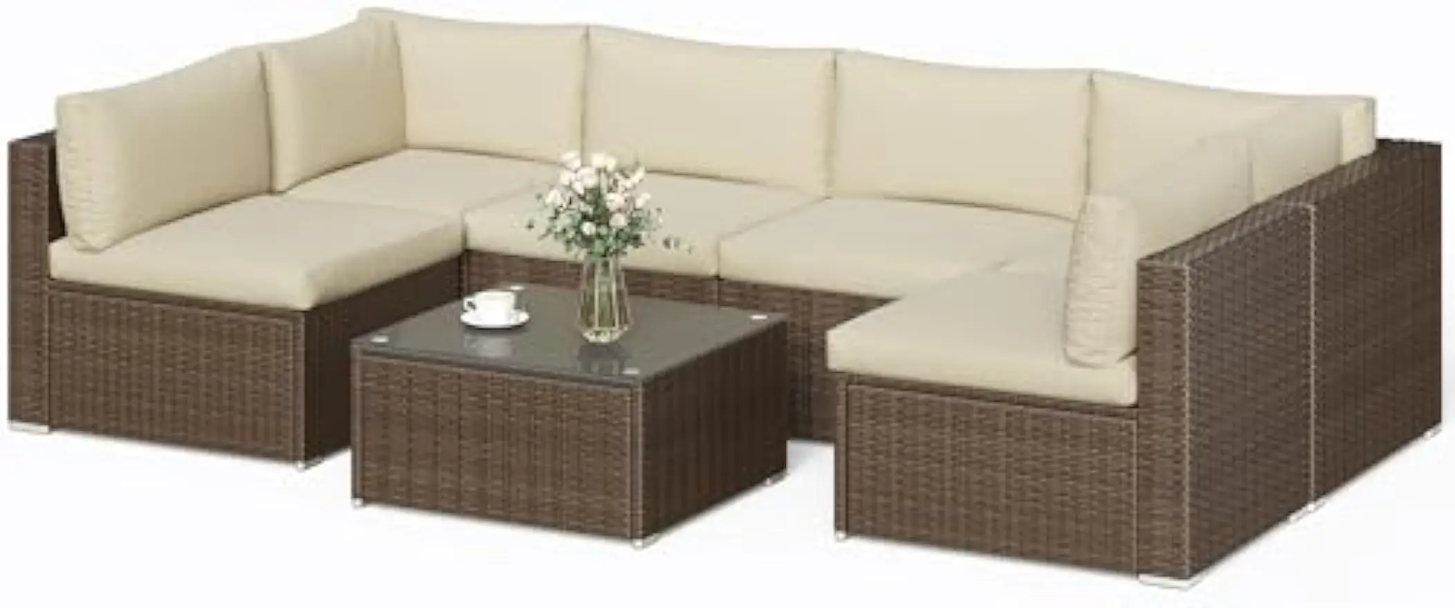 

7 Piece Patio Sectional Sofa Outdoor All Weather Brown PE Wicker Furniture Set, Paito Conversation Sofa Set with Glass Table