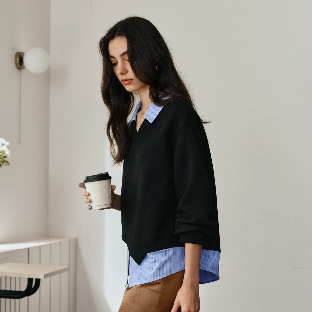 OLrain Fake Two-piece Sweatshirts for Woman Autumn 2025 New Irregular Tops Turn-down Collar Knitted Pullovers Female O57QR000836