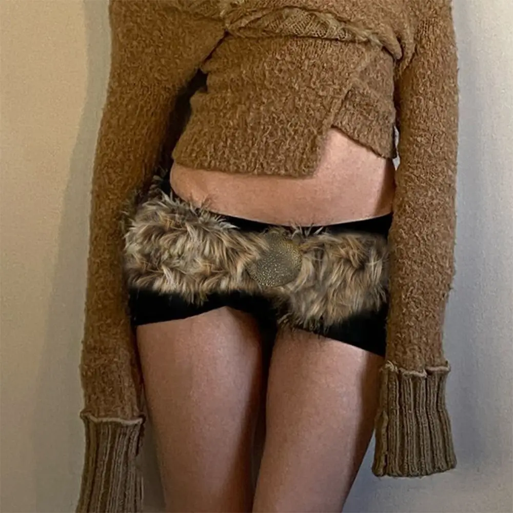 Новый искусственный кожаный меховой ремень в стиле панк, пушистый теплый плюшевый пояс с цепочкой Y2K, супер мягкий пояс, джинсы, брюки, декор