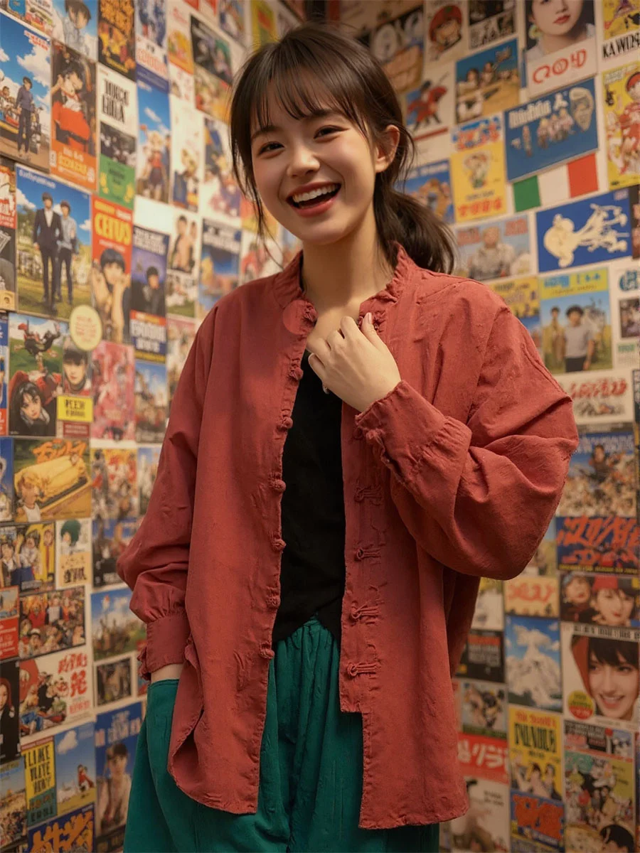 

Long Sleeve Shirts Womens Oriental collar Classic Cotton Blouse Flare Cardigan Light Artistic Feminina All-match