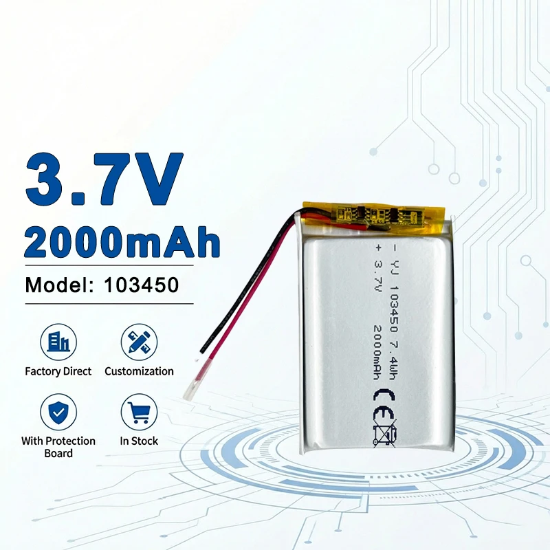 

Аккумулятор LiPo 103450 3.7V 2000mAh высокой емкости для смарт-устройств и портативной электроники - 500 циклов заряда 302025 302030
