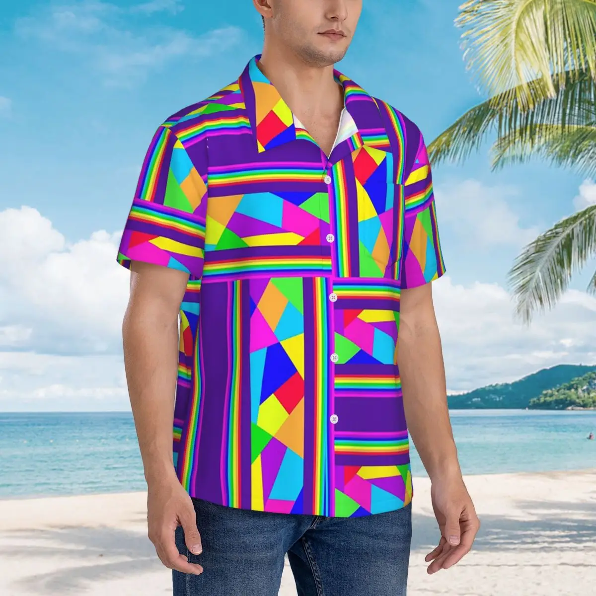 

Carnival Shards Mosaics Mardi Gras Masquerade Hawaiian Shirts Fashion Men Short Sleeve Shirt for Summer Beach Men's Lapel Tops