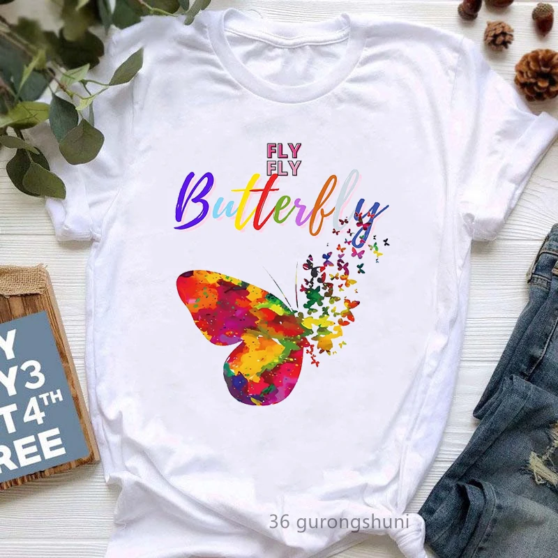 Rainbow Fly Fly Butterfly Graphic Print Tshirt Girls Harajuku Shirt Black Girls Magic Melanin T Shirt Femme Super Mom T-Shirt