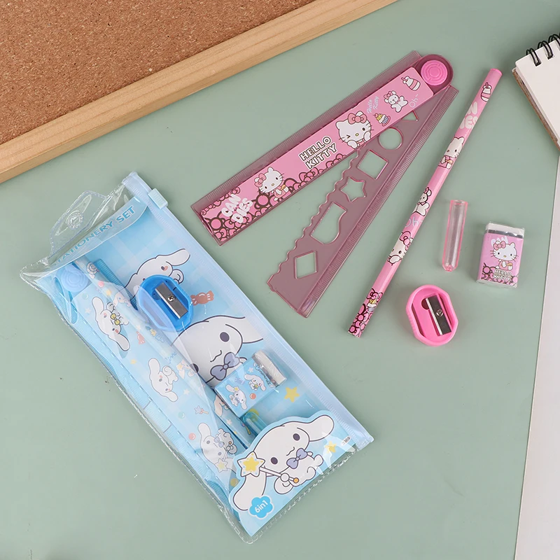 Kawaii Sanrio Stationery Set Pencil Eraser Ruler Cinnamoroll My Melody Kuromi Painting Primary School Supplies for Student Gifts