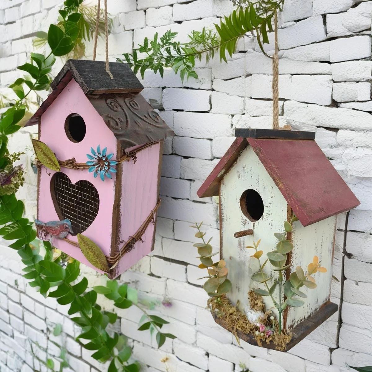 حديقة خارجية فناء منظر طبيعي عش الطيور الخشبي شرفة ساحة زراعة زينة زينة منزل الطيور الواقعي زخرفة معلقة #2