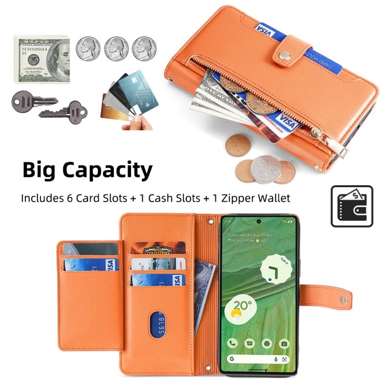 Adjustable Rope Zipper Flip Wallet Case Card Phone Cover For Google Pixel 8 7 Pro 6A 5XL 4A 3 XL Removable Hand Strap Phone Bag