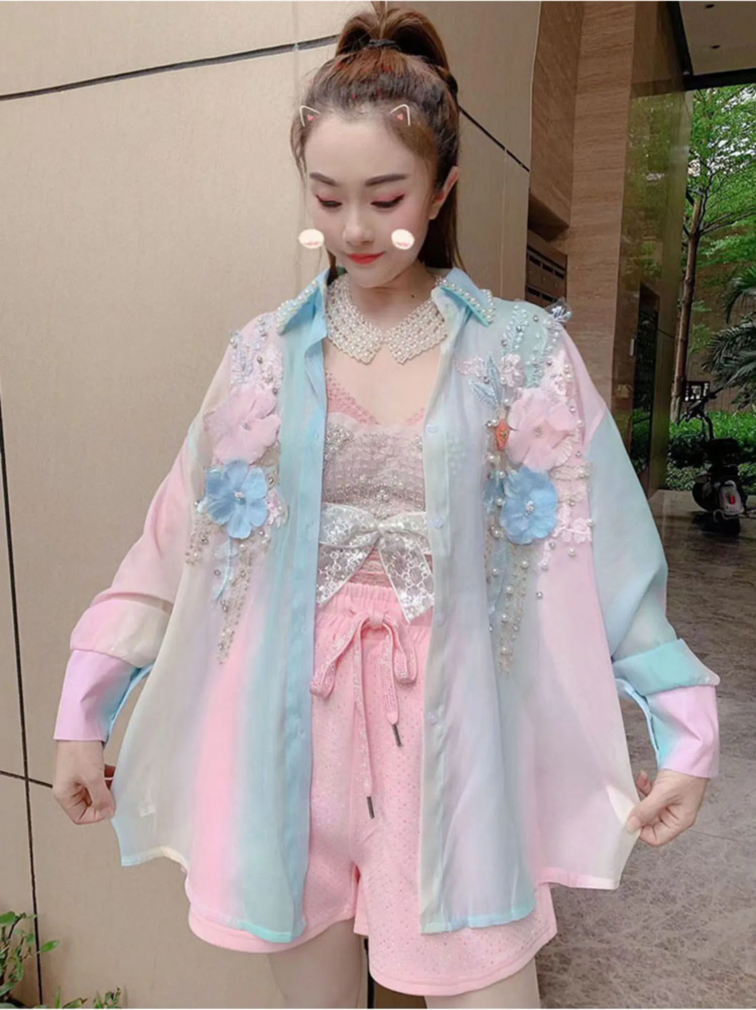 Womens 2024 Summer Korean Style Fashion Sweet Thin Jacket Ladies Elegant Beading Flower Back Hollow-out Sun Protection Clothing