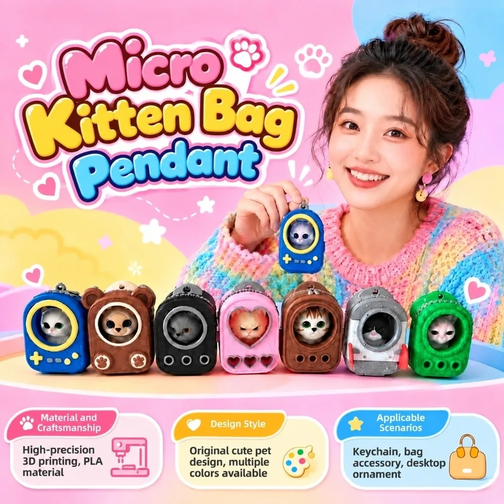PLA 3D Printed Keychain Vibrant Shades Rigid Shell Trendy Bag Charm Lightweight Build Smooth Finish Micro Kitten Bag