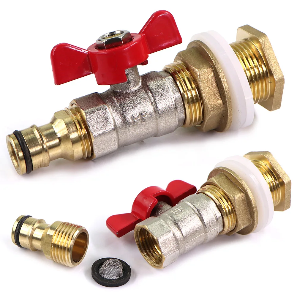 

1set Brass Ball Valve Water Tank Joint with 16mm Quick Connector Garden Irrigation Fish Tank Adapter Filter Screen Rubber Washer