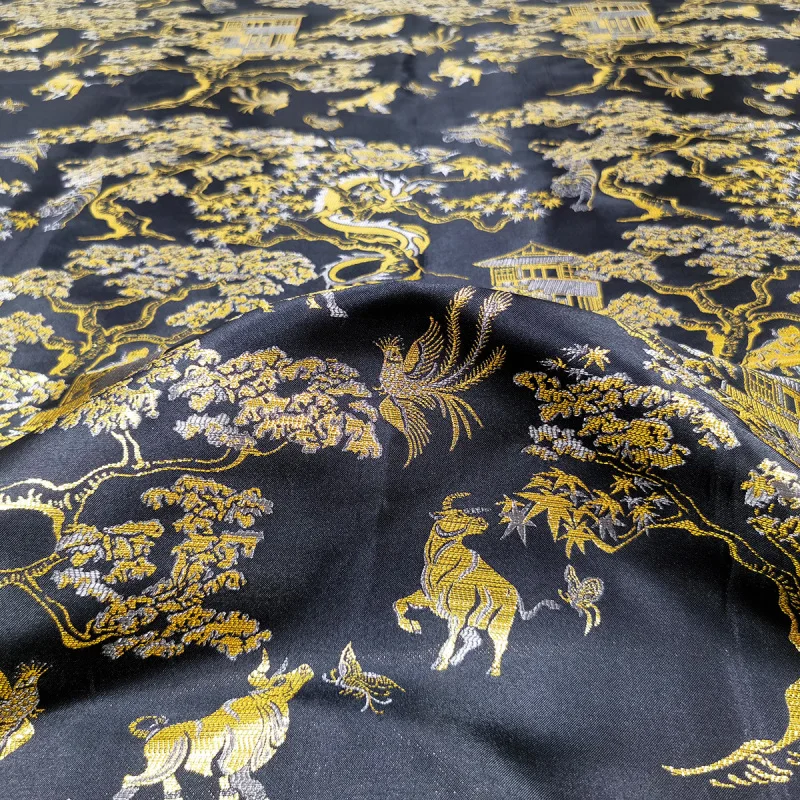 Dragon Phoenix Tiger Bull Jacquard Hanfu Fabric Qipao Tang Dynasty Ethnic Costume Weaving Brocade Gold Silk Fabric Sturdy