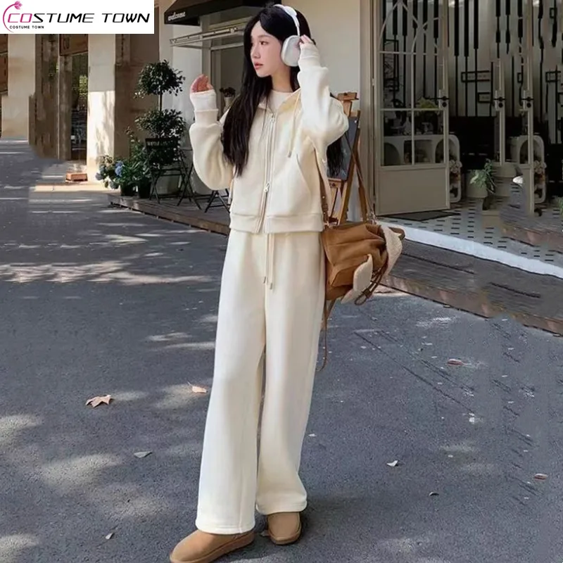 

New fashion set casual top sweet style autumn and winter with fleece hooded cardigan jacket wide leg pants