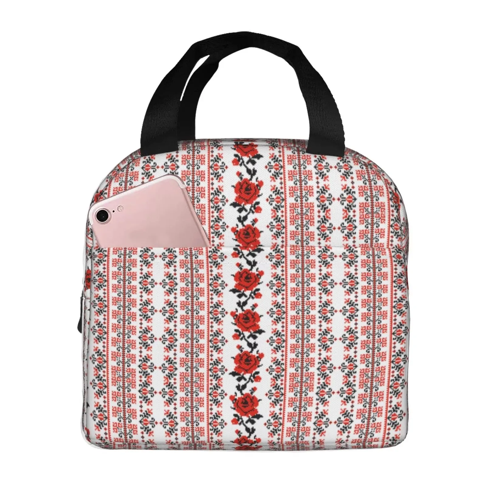 Vintage Boho Rose Pattern Insulated Lunch Tote Bag with Front Pocket for School Office Picnic