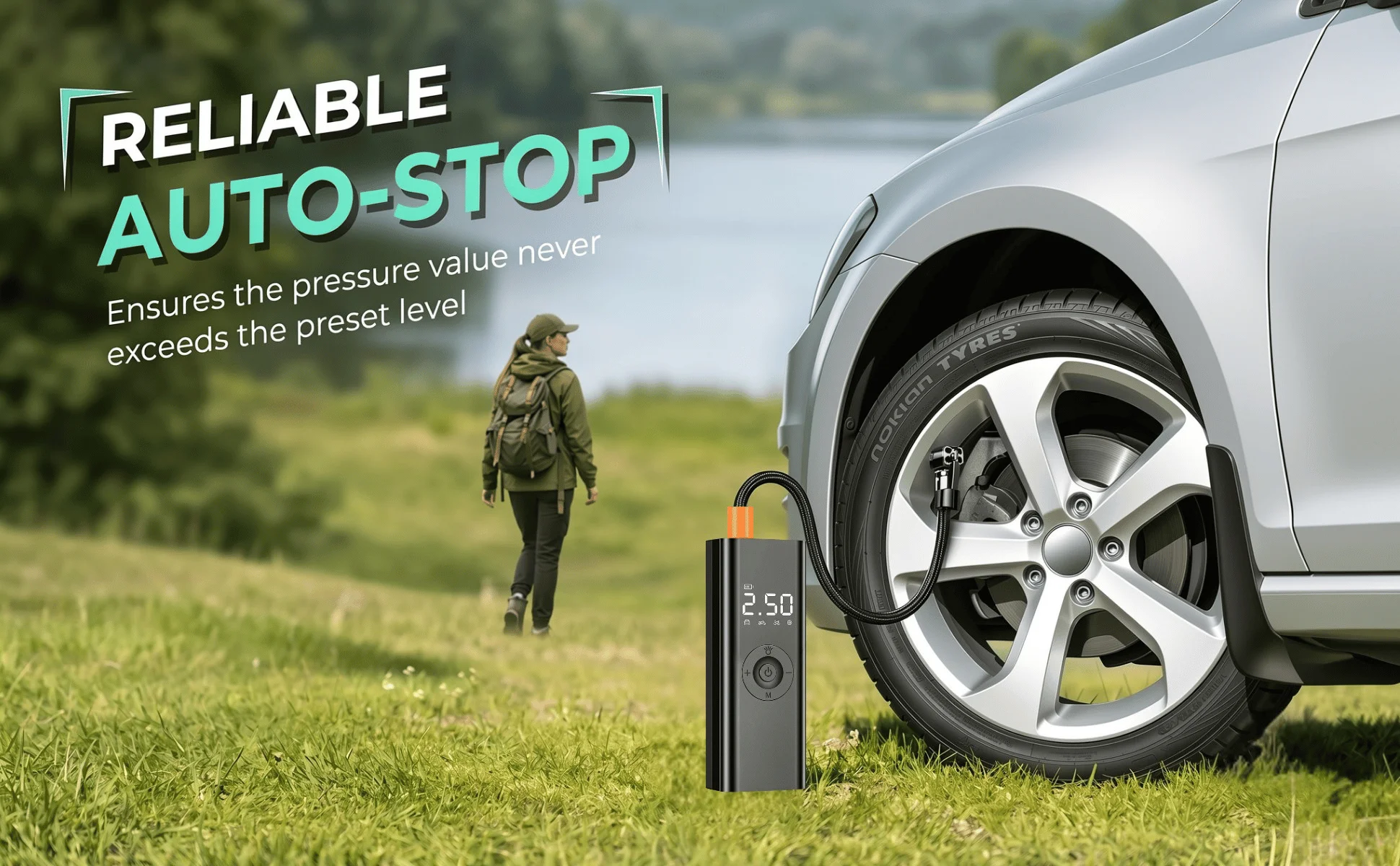 Tragbarer Reifenfüller, 150PSI Kabelloser Reifenkompressor, Intelligente Luftpumpe für Autoreifen & Motorräder mit Auto-Stopp-Funktion – Detail 2