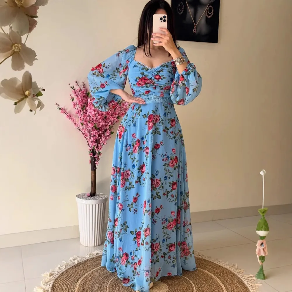 Vestido de encaje estampado de gasa para mujer, vestido largo de manga larga para primavera y verano, cintura alta, ajustado, largo vestido bohe Floral