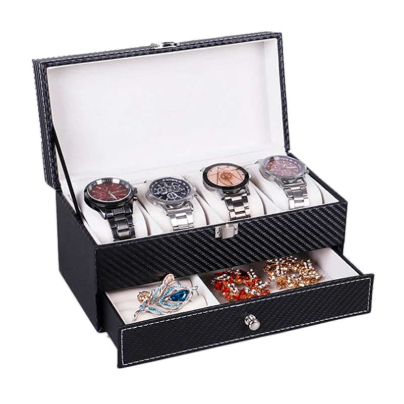 Double PU Leather Box 4 Plaid Watch Storage Box Storage and Display Box Jewelry Storage Box Black+Cream-Colored