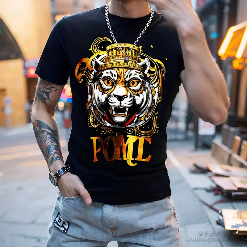 Chun yu yin jia Designer luxury brand Pattern 3D Tiger Printing Short Sleeved men t-Shirt for man Black tee