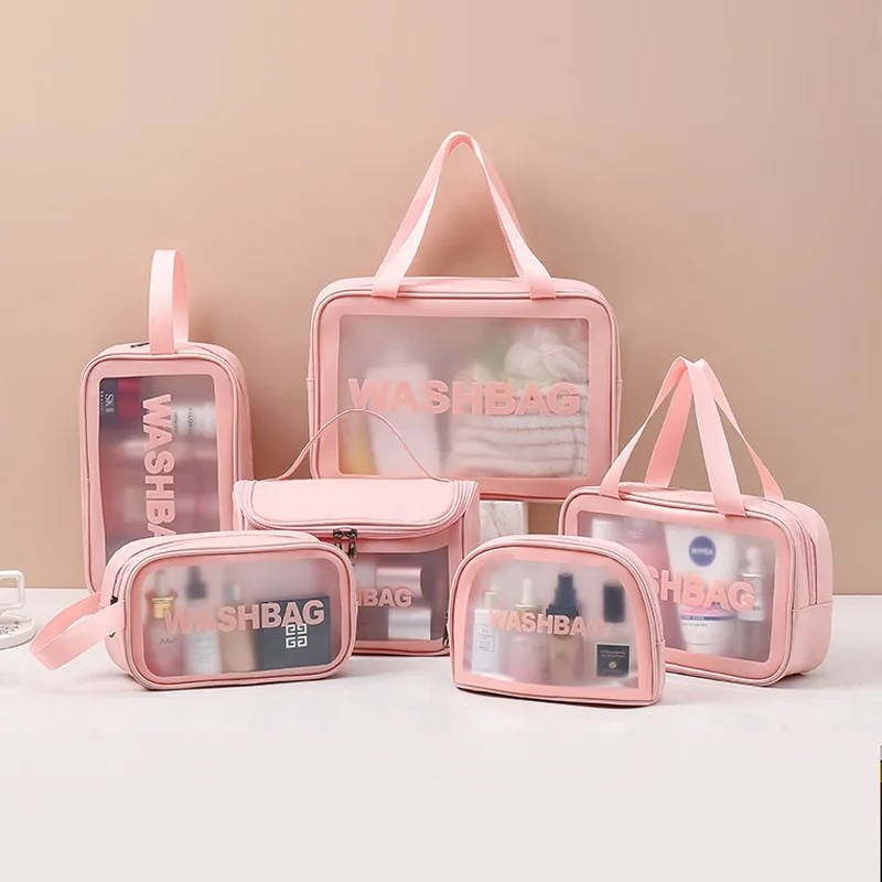 Nuevo conjunto de bolsa de maquillaje transparente, neceser organizador de artículos de tocador para mujer, bolsa de artículos de tocador portátil, bolsa de cosméticos esencial de viaje