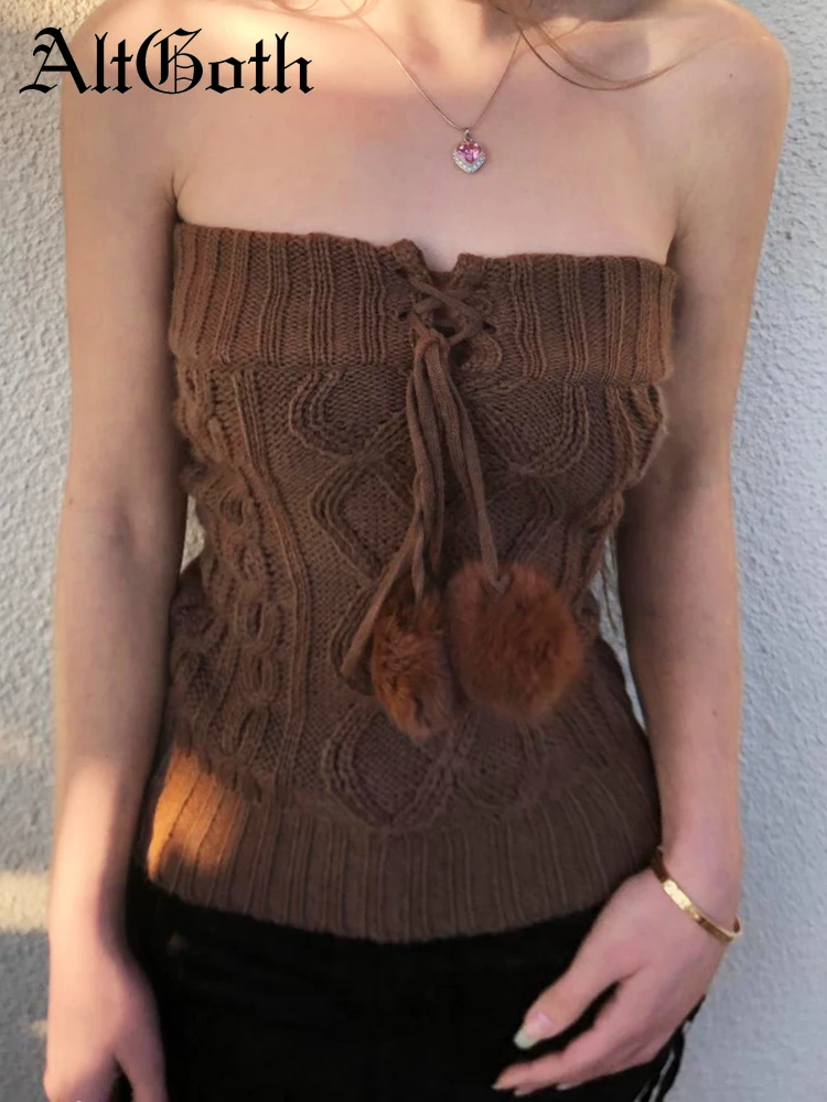 

AltGoth Cottagecore Y2k Knitted Vest Women Vintage Mall Gothic Streetwear Strapless Crop Tank Tops Cute Sweet Brown Outfit Femme