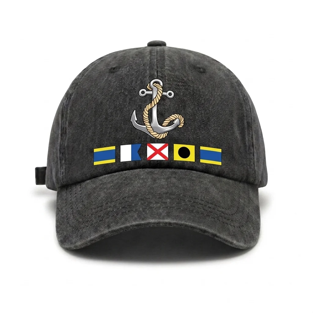 Vintage Washed Nautical Anchor Signal Flag Graphic Baseball Cap, Adjustable Unisex Dad Hat, Sailing Boating Gift