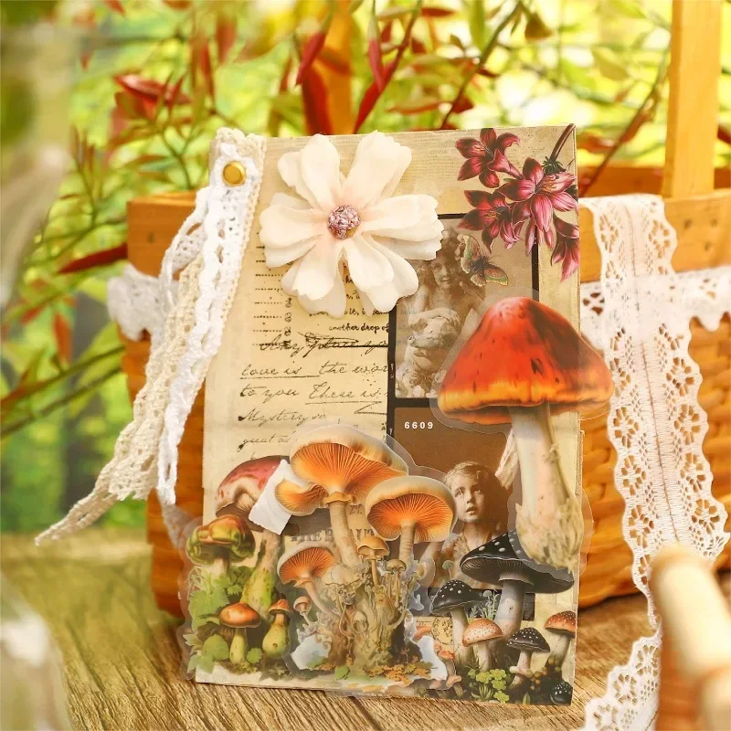 50Pcs Stickers Tin Box Sticker Plant Gift Series with Retro Mushroom plant Monet backyard Handbook Scrapbook 190*120mm