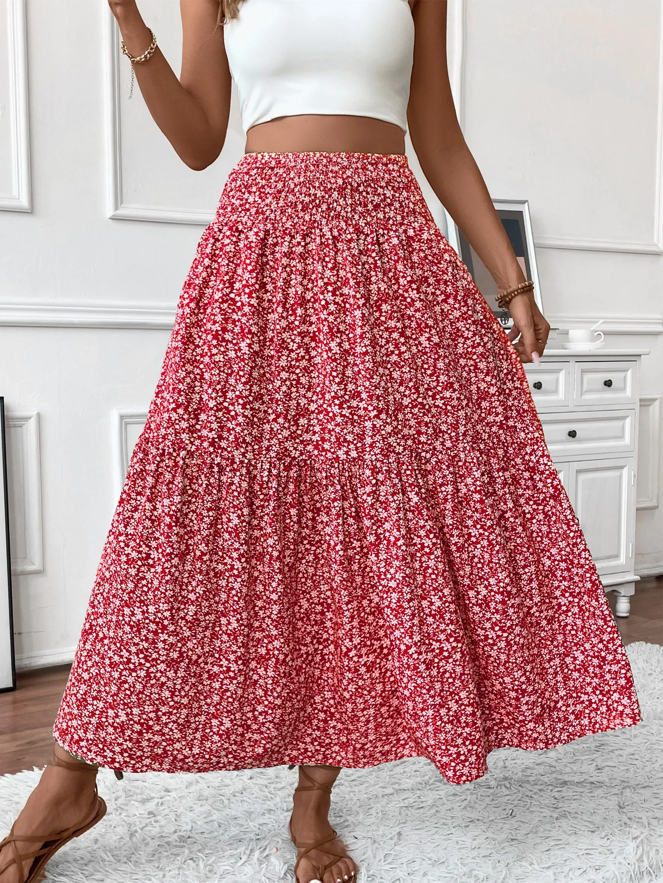 

High Waist Floral Elastic A-Line Skirt Women's Faion Spring Summer Polyester Fabric Loose Fit f Body Skirts