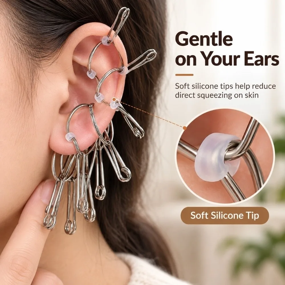 10Pcs Metal Ear Acupressure Clips Silver Tone Silicone Tip Ear Therapy Spring Clips Reusable Loop On Design