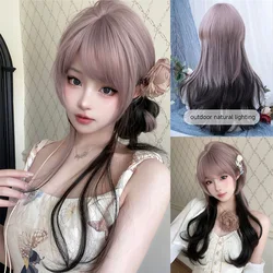 28Inch Ash Purple Highlight Black Lovely Synthetic Wigs with Bangs Long Straight Hair Wig for Women Daily Use Heat Resistant