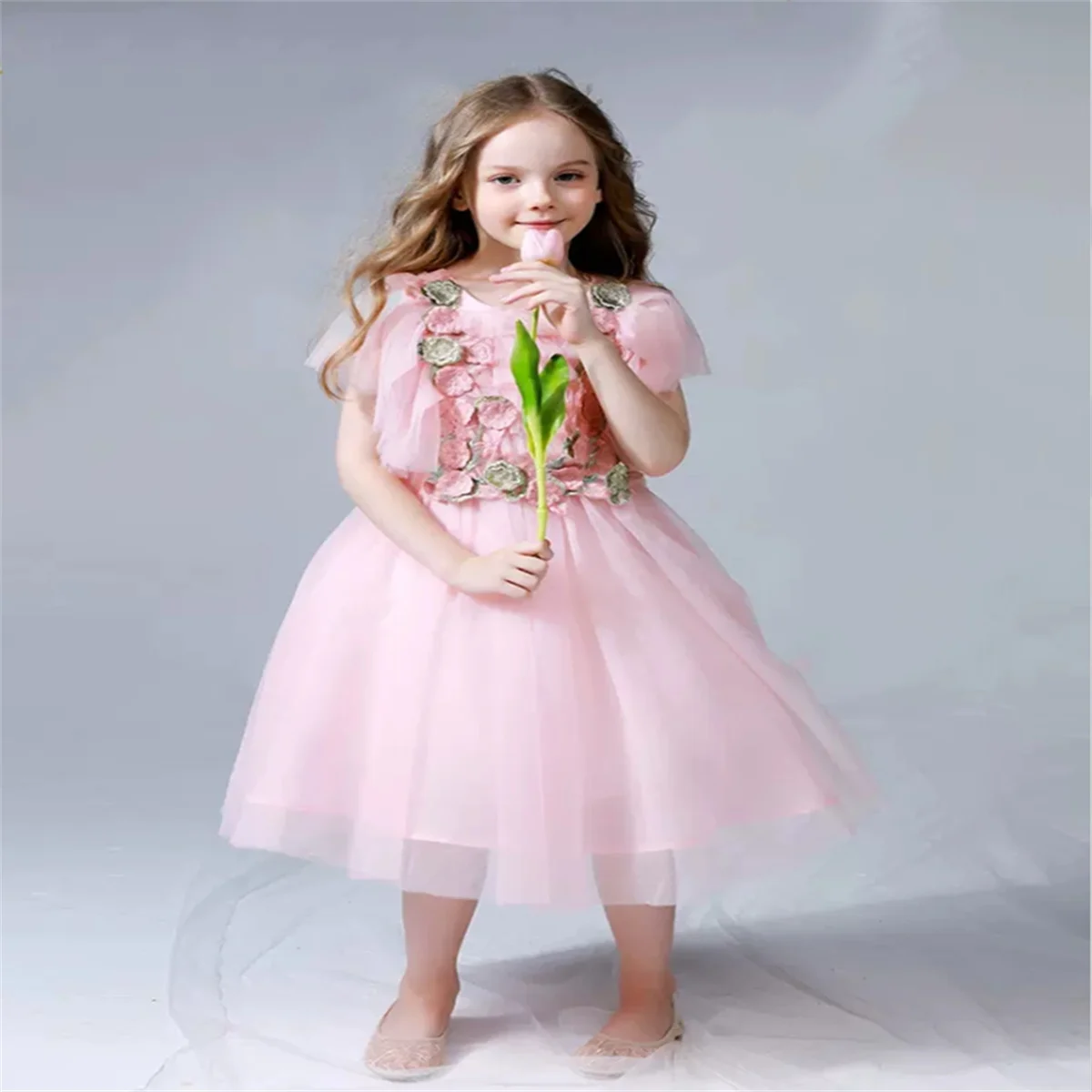 Vestido de manga larga para niña, calcomanía plisada en capas de tul rosa, boda, flor, niño, comunión, cumpleaños, princesa