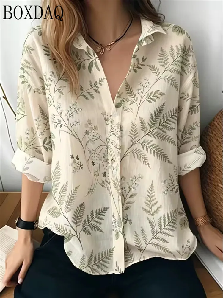 Women's Spring/Summer Chinese Ink Flower Printed Collar Shirt, Light colored Front Button Casual Travel Women's Top