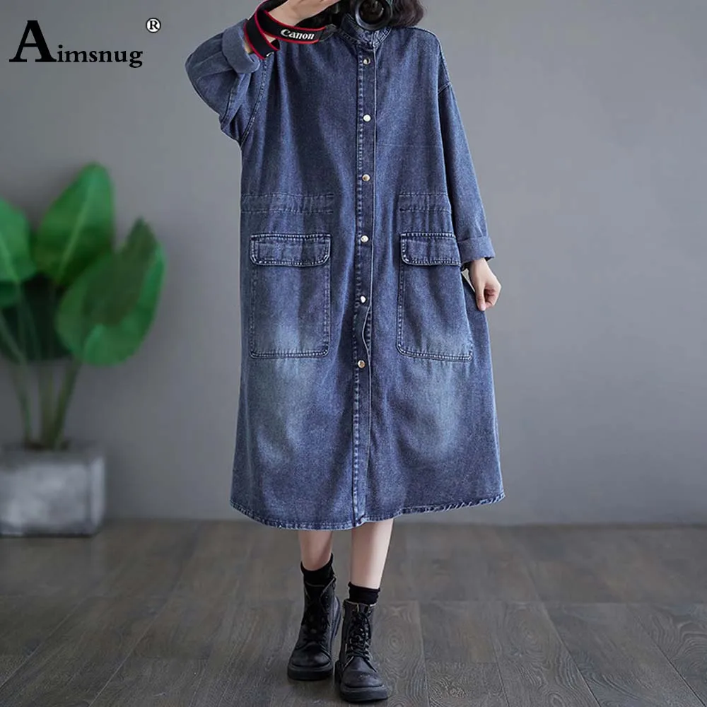 

Women Fashion Long Demin Jackets Sexy Girls Clothing 2023 Autumn Vintage Jean Tops Outerwear Loose Style Huge Pocket Demin Coats