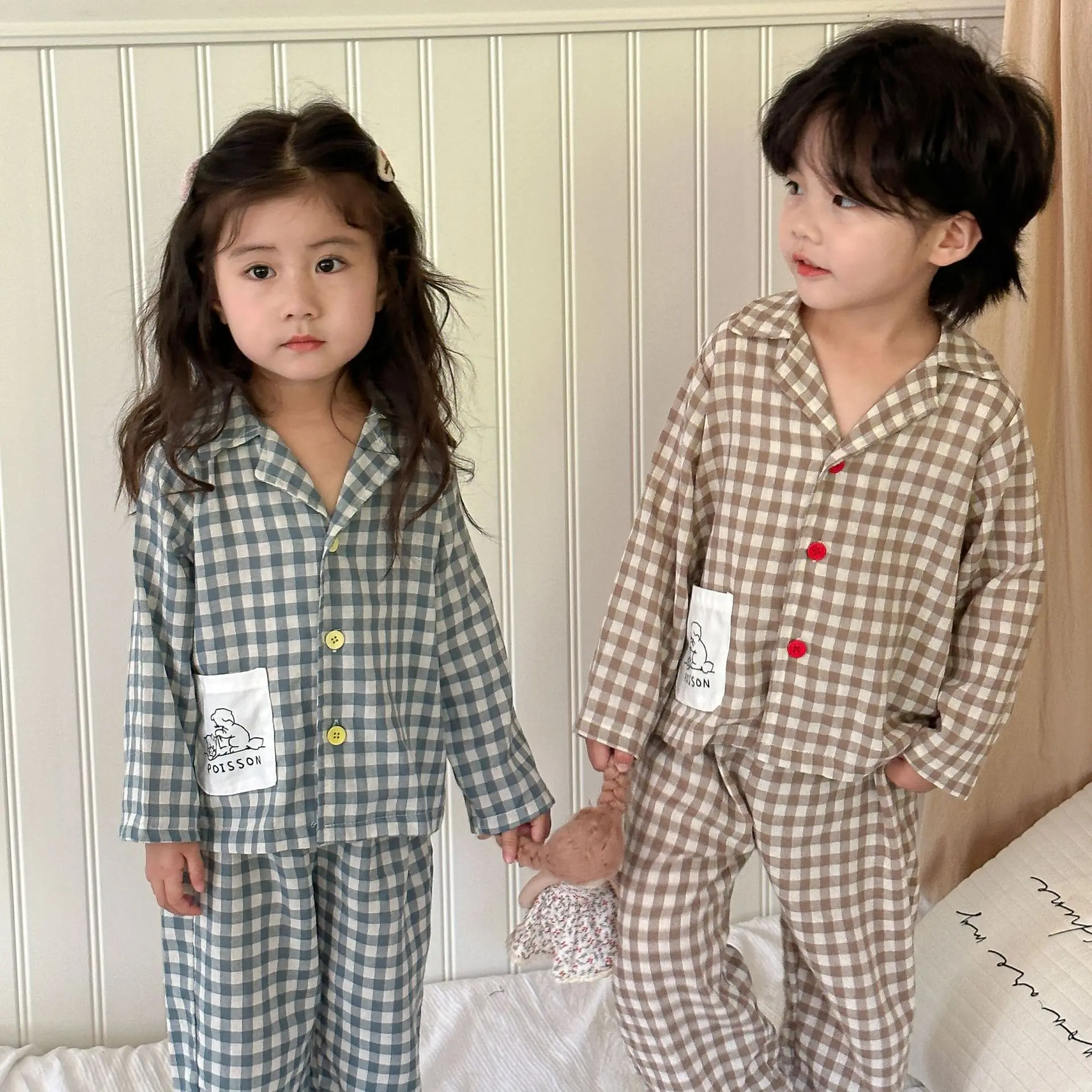 Children clothing cotton soft comfortable plaid pajamas set 2024 new spring fall boys girl fashion casual long sleeved home wear