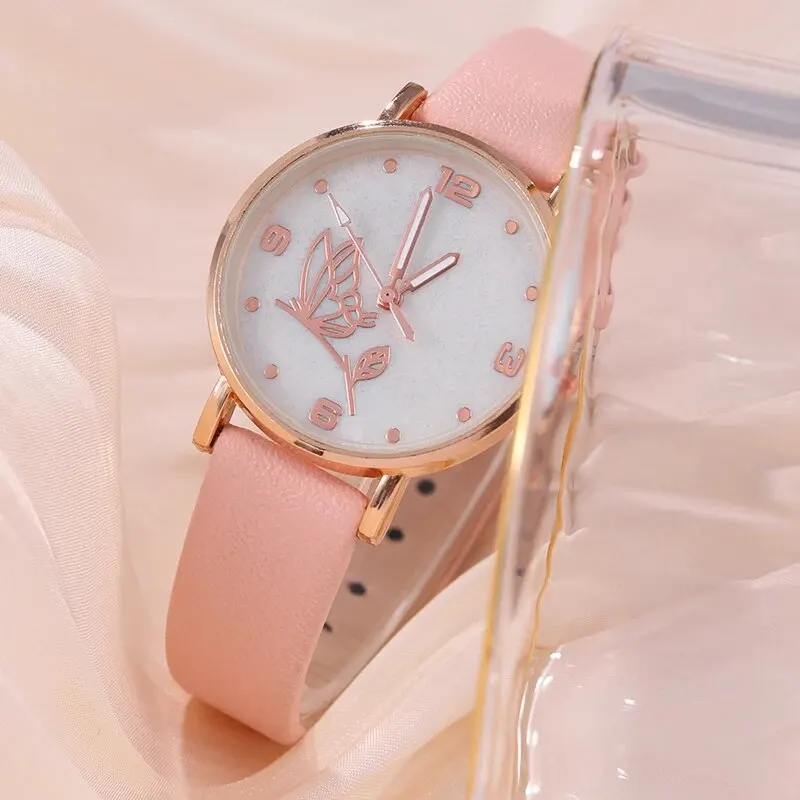 6PCS Set Women Butterfly Dial Watch Brand Female Clock Pink Leather Band Ladies Watches Fashion Casual Quartz Wristwatche