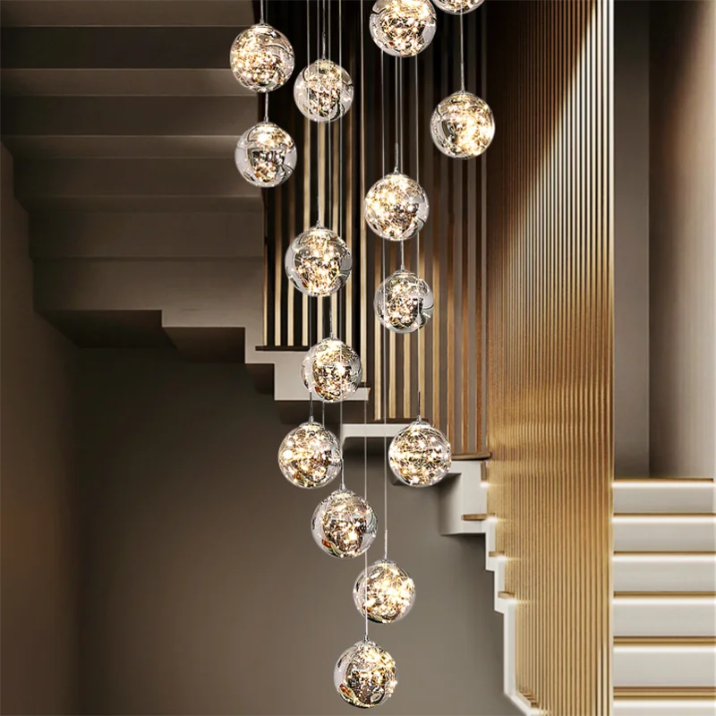 Modern Spiral Staircase LED Chandeliers Dimmable Lustre Living Room Duplex Building Villa Loft Pendant Light Home Decor Lighting