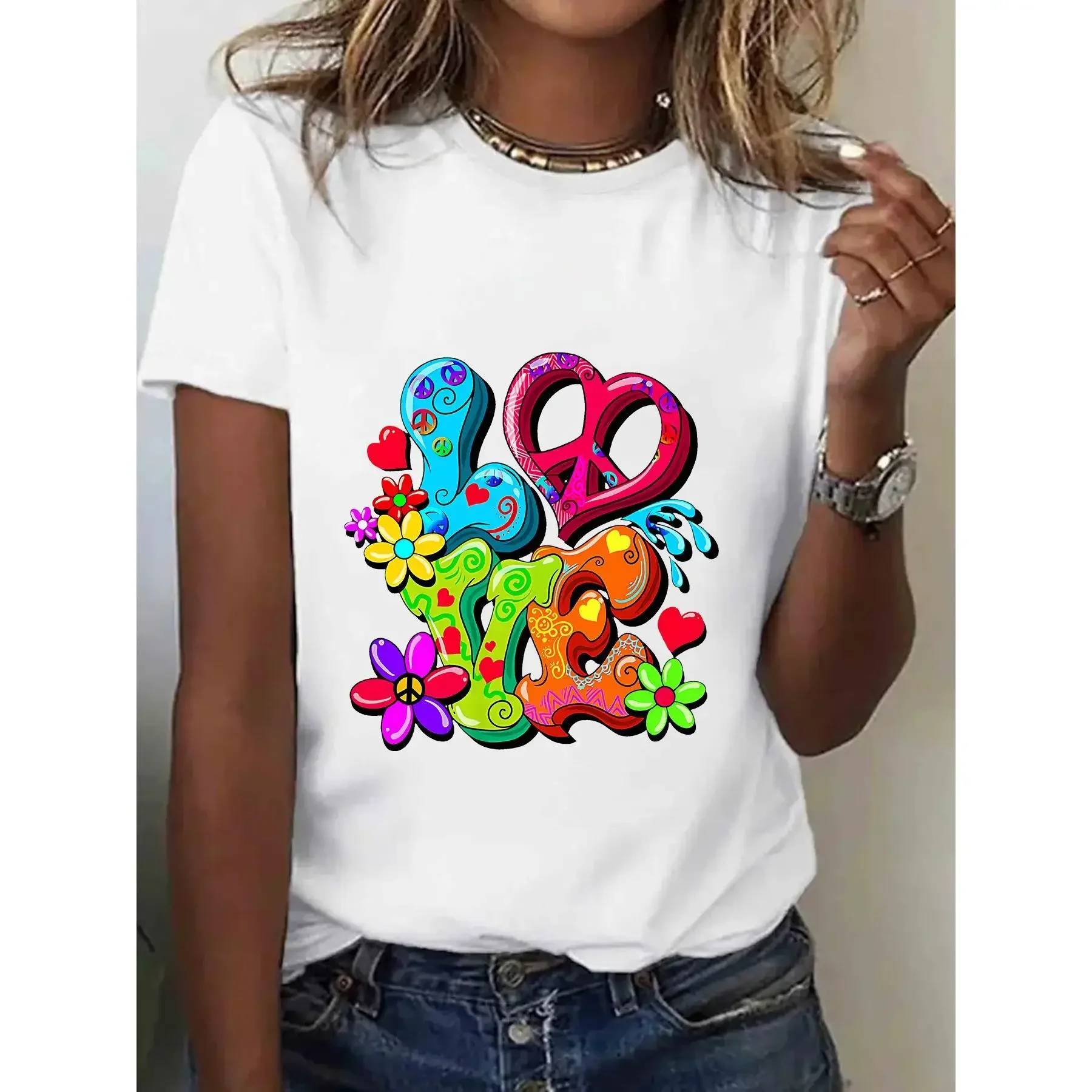 

Cartoon Letter Pattern Tops for Womens Cute Graphic Tees Short Sleeve Casual Print T-shirts Cotton Shirts