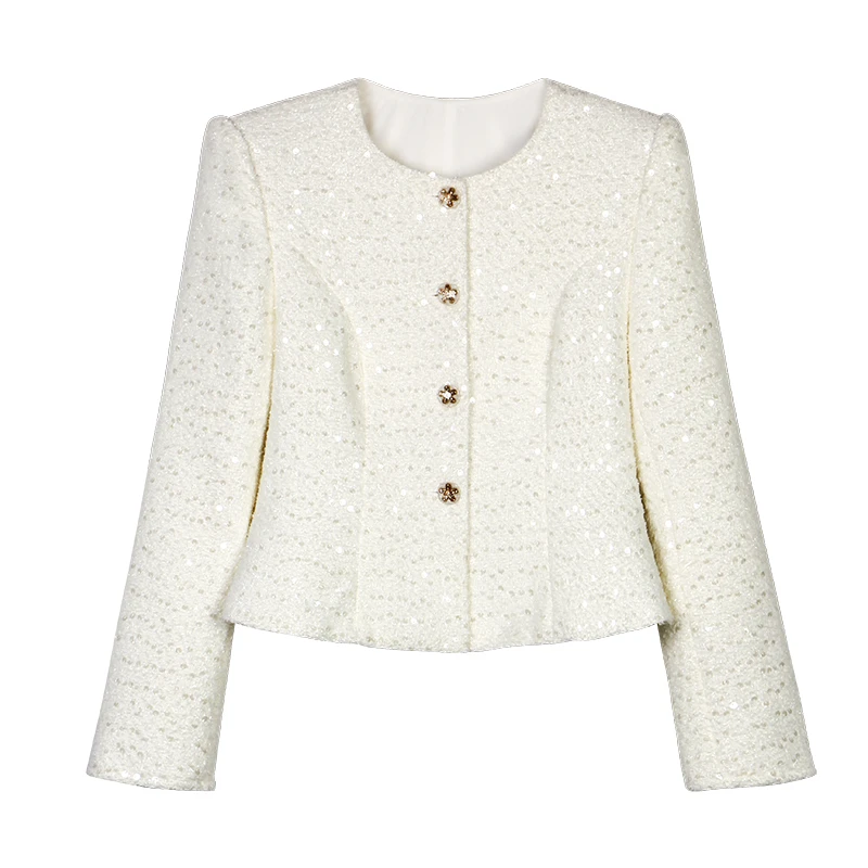 2025 Fashion and elegant light luxury heavy industry sequin temperament round neck single-breasted jacket + skirt two-piece suit