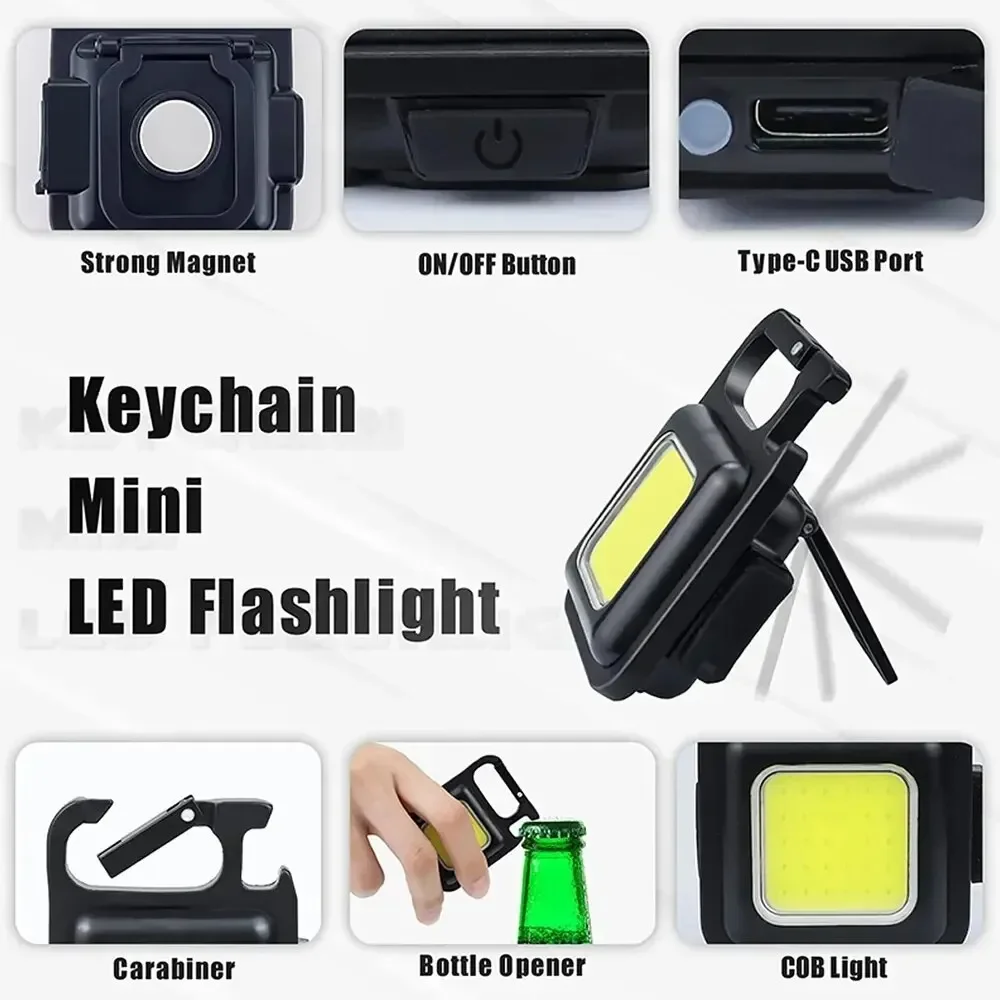 LED Mini Flashlight Keychain Multi functional Portable COB Camping Light USB Charging Work Light Outdoor Fishing Hiking Lanterna