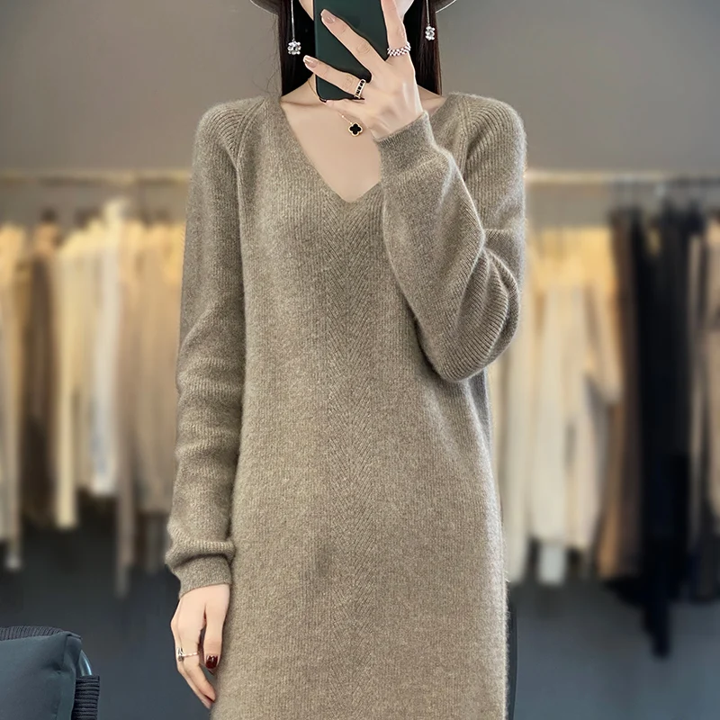 

2023 Autumn Winter New Cashmere Sweater 100% Merino Wool Dress Women's V-Neck Long Sweater Fashion Korean Knitted Large Tops