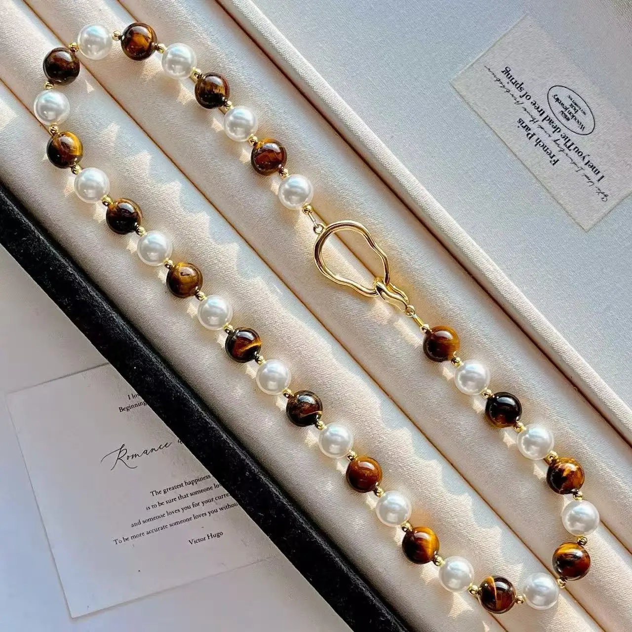 Healing Tiger Eye & Pearl Layering Necklace, 10mm Natural Gemstone for Grounding & Confidence, Stackable Daily Wear