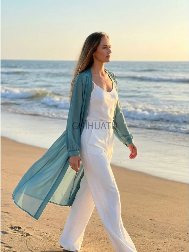 Long Jacket Women Summer Thin Loose See-through Sunscreen Pure Long Sleeve Sexy Coat Chiffon Bohemian Female New Fashion Tops
