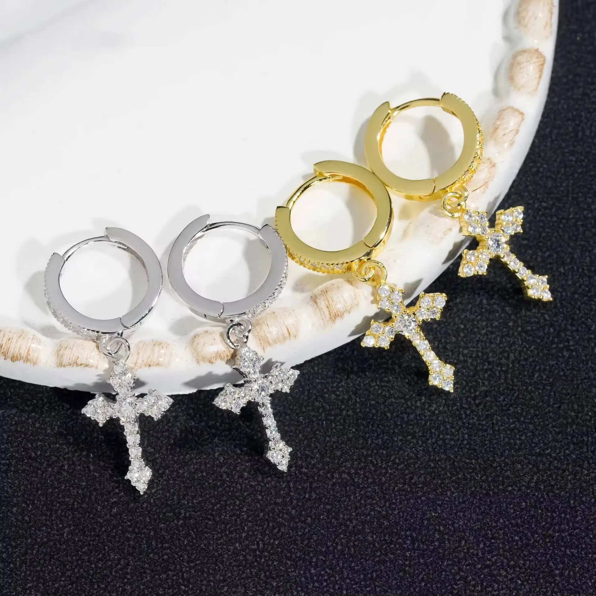 

Gold Plated 925 Sterling Silver GRA Certified VVS Moissanite Diamond Cross Drop Earrings Hip Hop Fashion Jewelry for Men Women