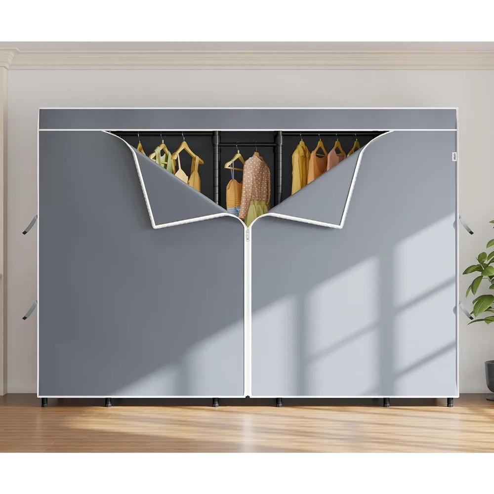 V50C Extra Large Coverd Clothes Rack, Black Portable Closet Rack with Grey Cover, Multi-Functional Freestanding Wardrobe Closet