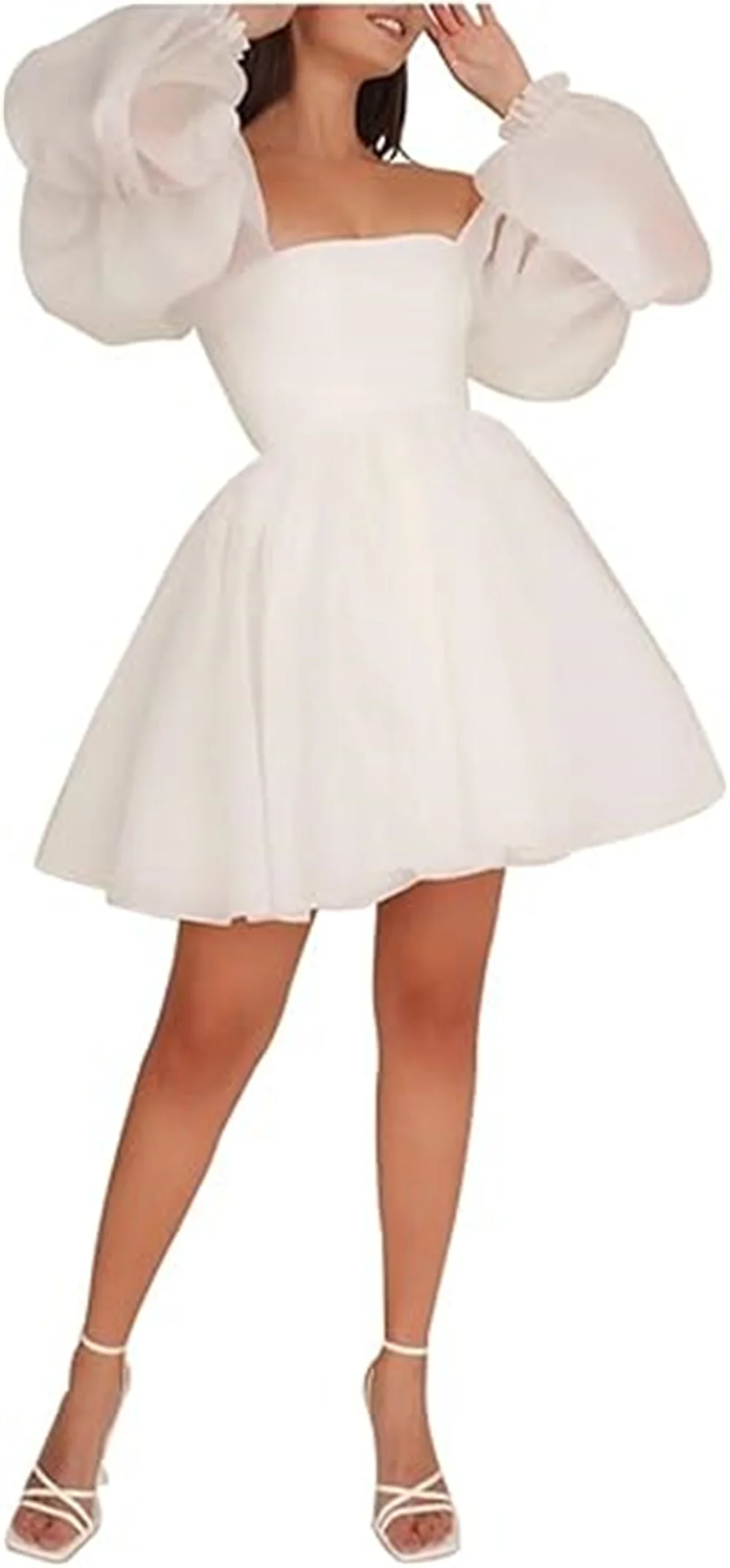 

Women Long Puffy Sleeves Mini Wedding Dresses For Bride Chiffon Short Formal Dresses A Line Square Neck Summer Party Dresses