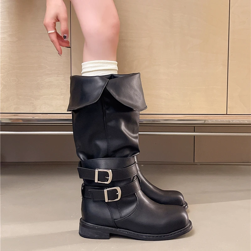 Korean Niche Belt Buckle Knight Boots Women's 2026 Spring/summer New Retro Versatile Folding Pleated Long Tube Motorcycle Boots