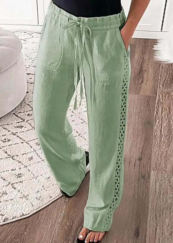 

Women's Fashion Trousers 2024 Summer Autumn Latest Casual Drawstring Hollow Out Straight Leg Pants Pocket Daily High Waist Pants