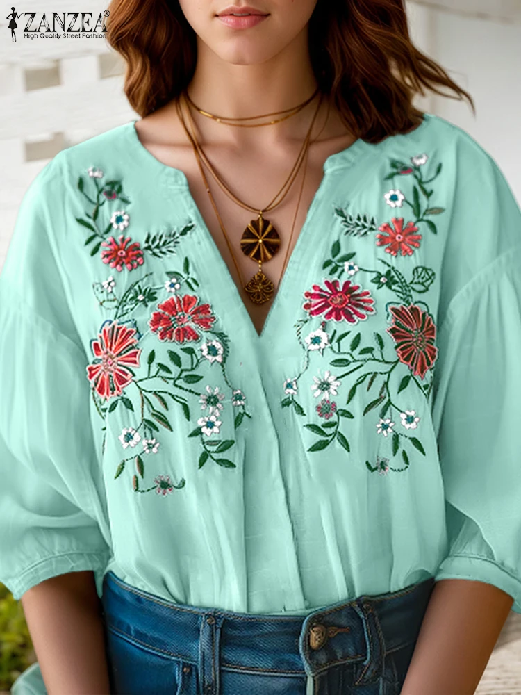 

ZANZEA Vintage Blouses Women Print Floral Tops Summer V Neck Blusas 2025 Oversized 3/4 Sleeve Casual OL Work Tunic