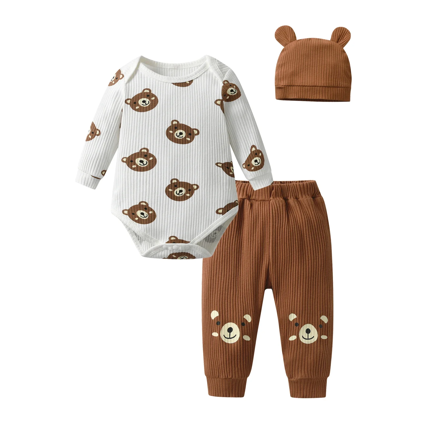 Casual Newborn infant Baby Boy Bear Printed Clothes Set Knitted Long Sleeve Bodysuit Top and Pants Spring Autumn Outfit for Boys