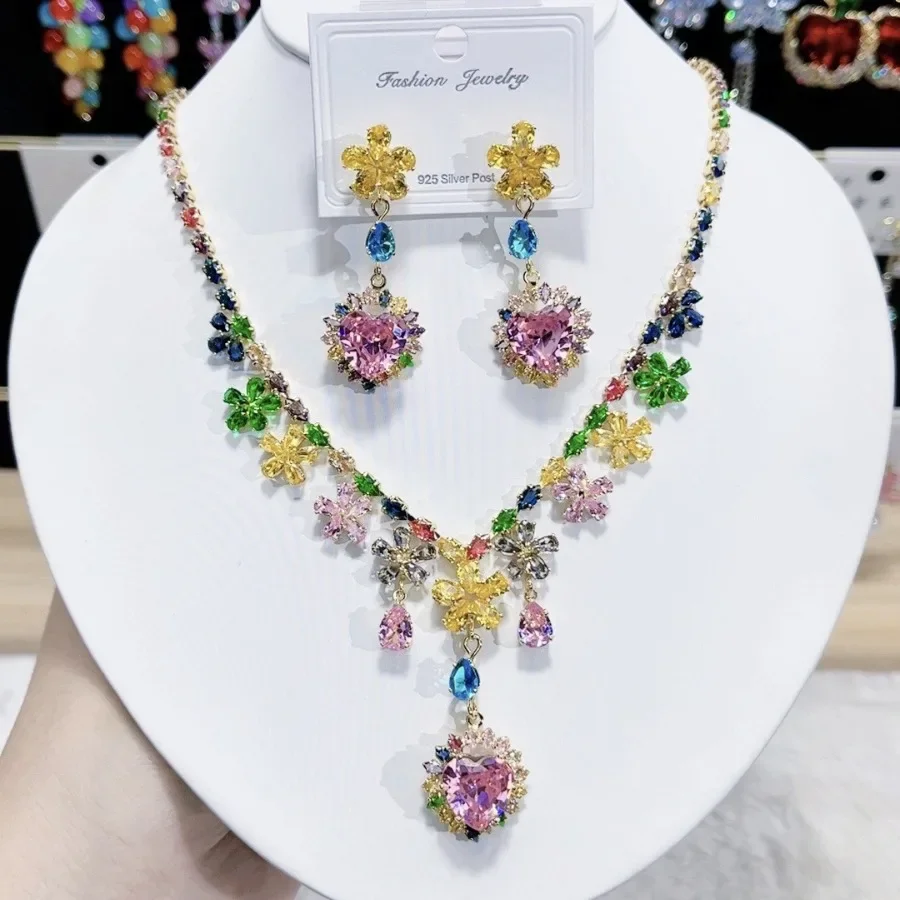Multicolor Heart Flower Zirconia Pendant Necklace, Earrings, Jewelry Set, Women's Bridal Wedding Banquet Party Daily